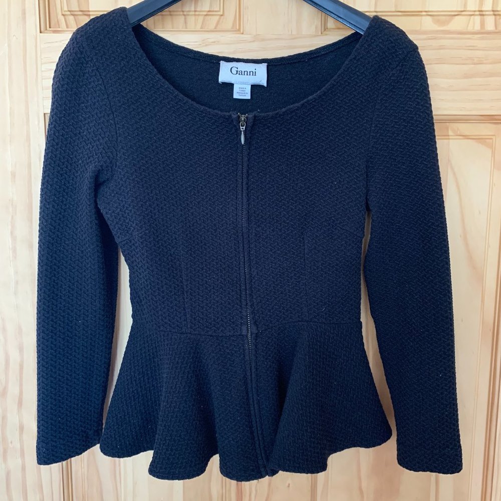 Ganni Black Peplum Zip Long Sleeve Top
